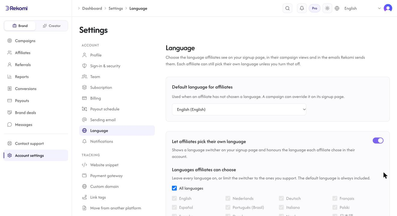 Settings > Language: the default language for affiliates, the self-select toggle and the allowed-language grid