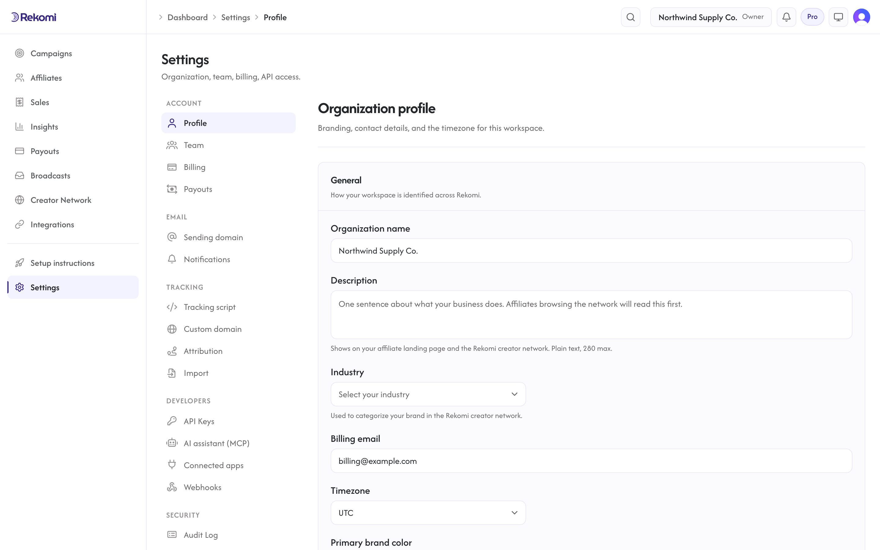 The settings area with the grouped sidebar, open on the Profile page