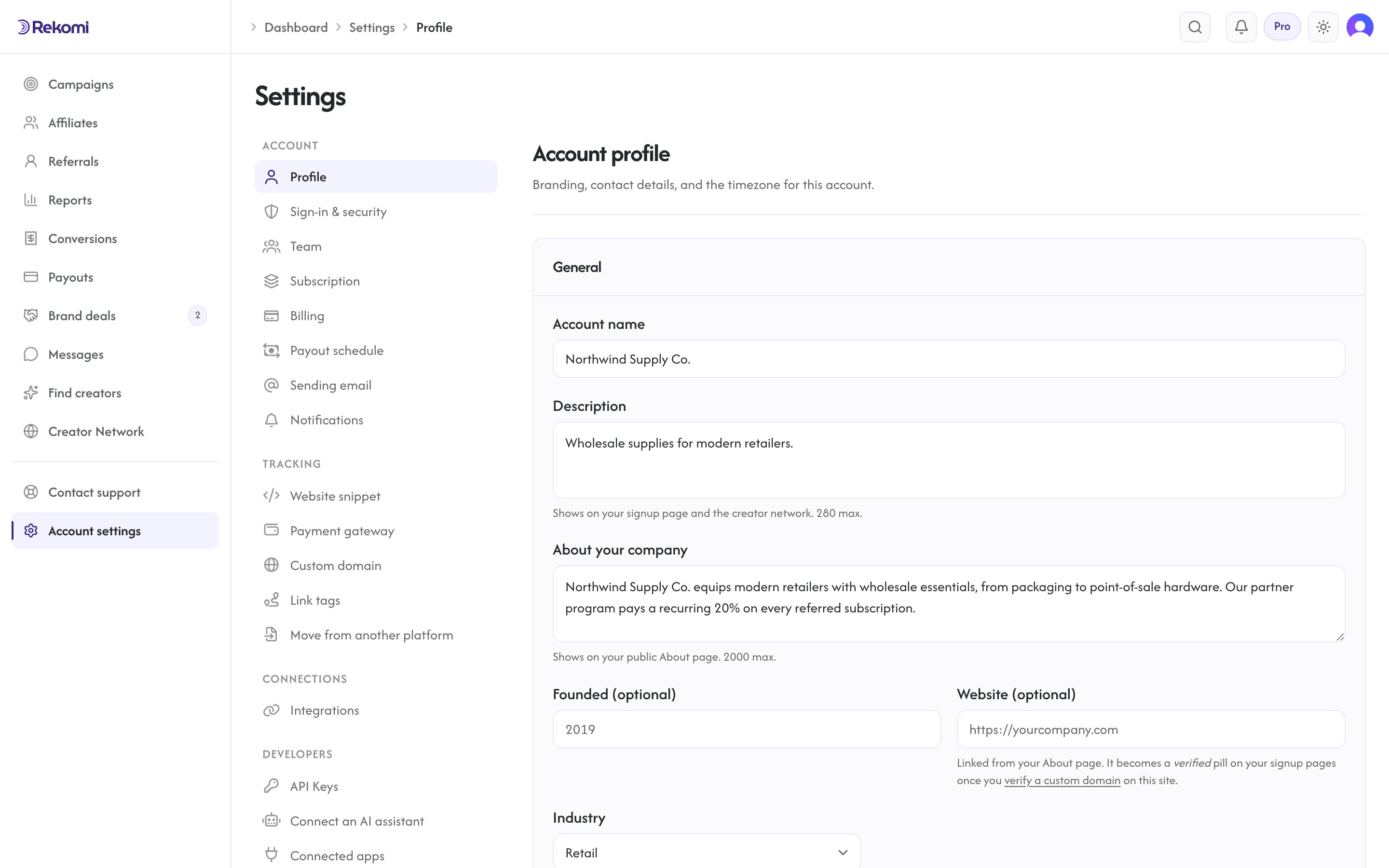 The settings area with the grouped sidebar, open on the Profile page
