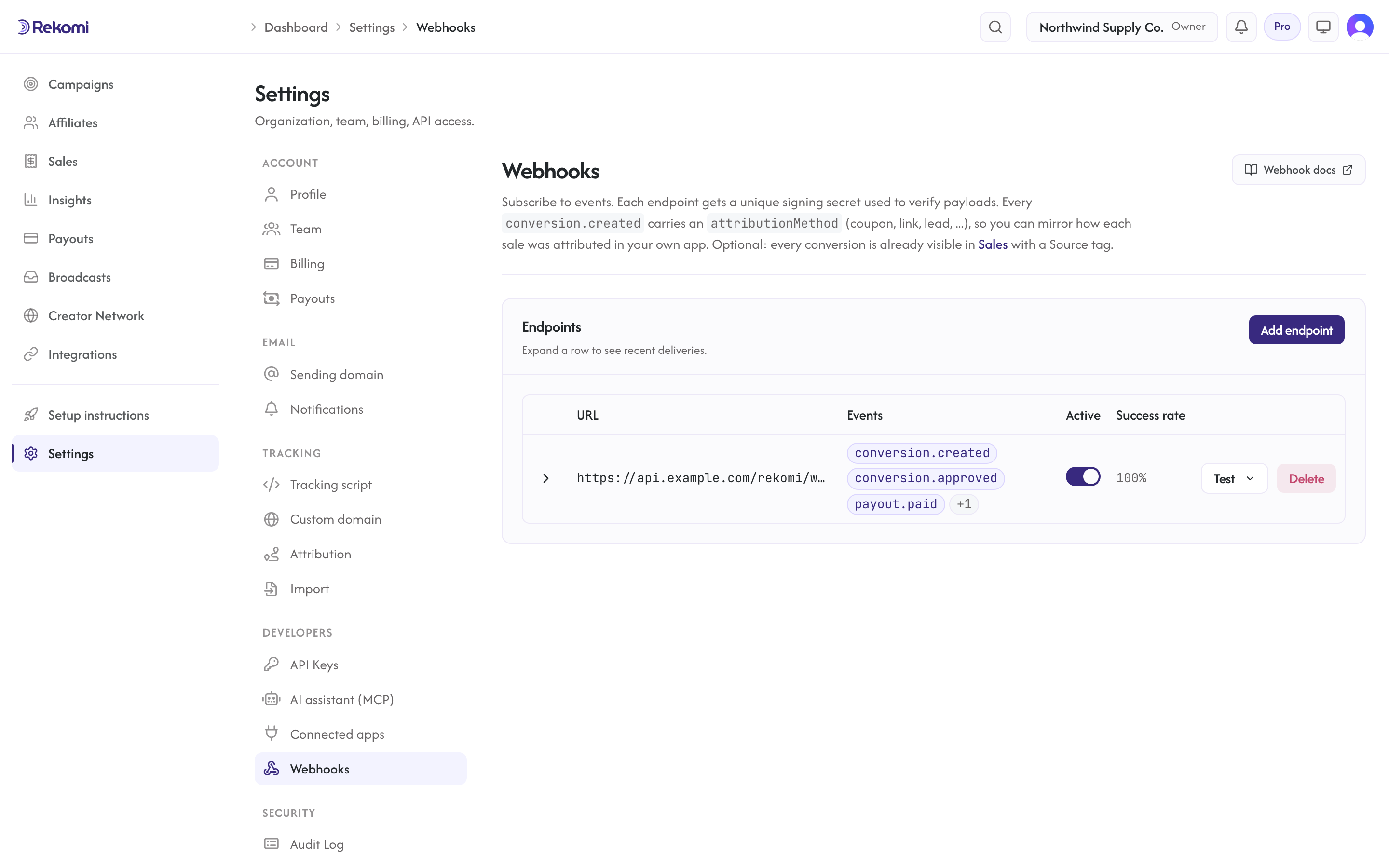 The webhook endpoints settings page with an endpoint and its subscribed events