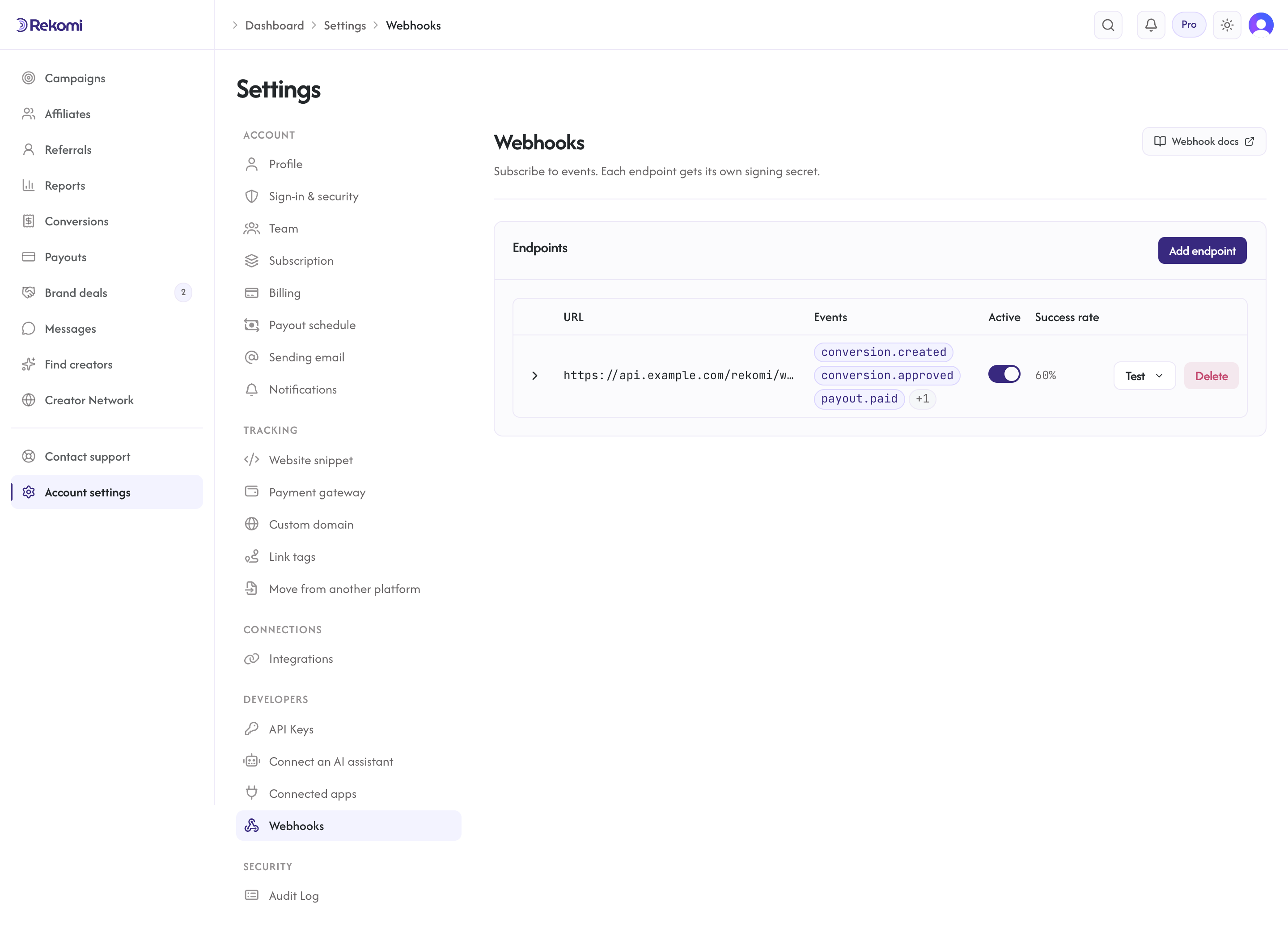 The webhook endpoints settings page with an endpoint and its subscribed events