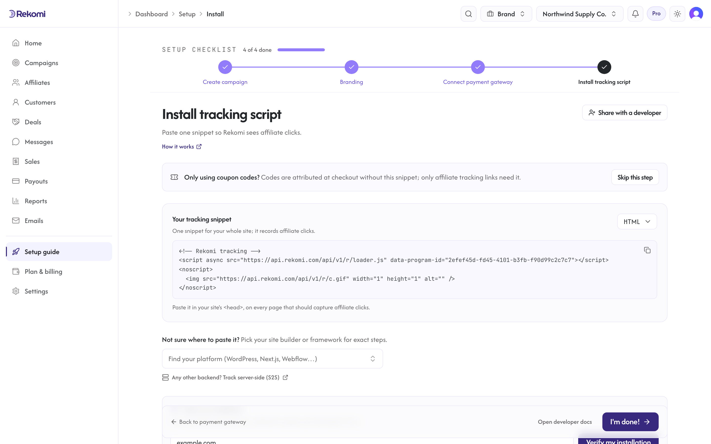 The install step: the universal tracking snippet with the searchable platform picker below it
