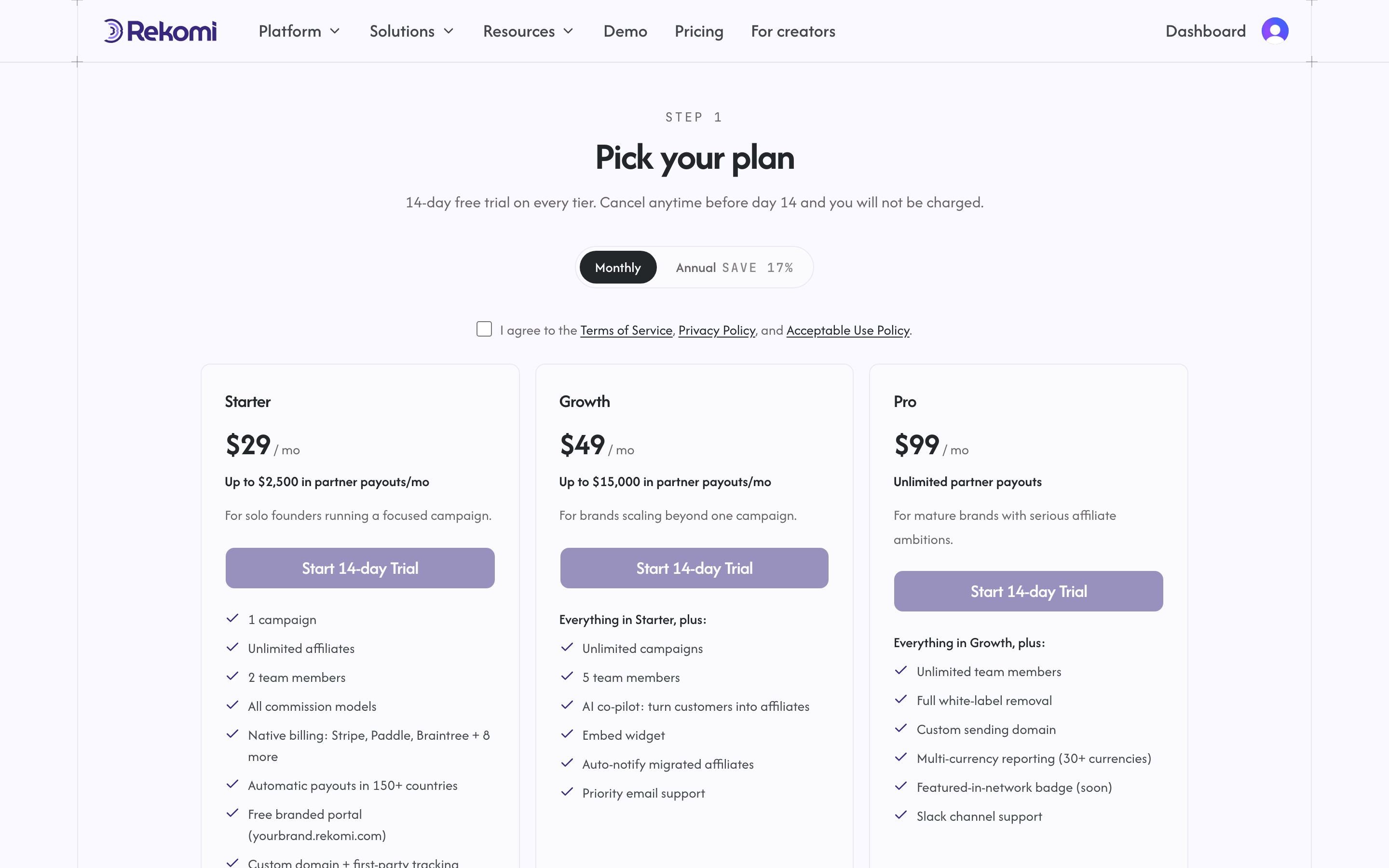 The plan picker at sign-up with the 14 day trial