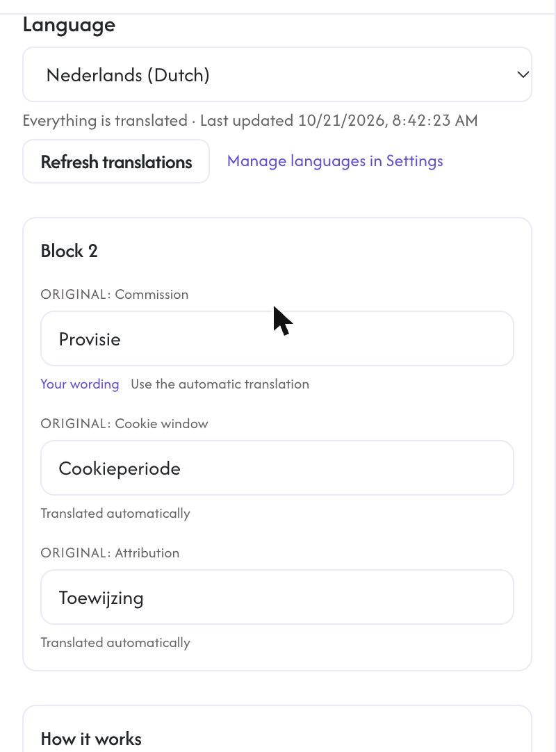 The Translations tab of the signup page editor showing Dutch lines with the Translated automatically and Your wording badges
