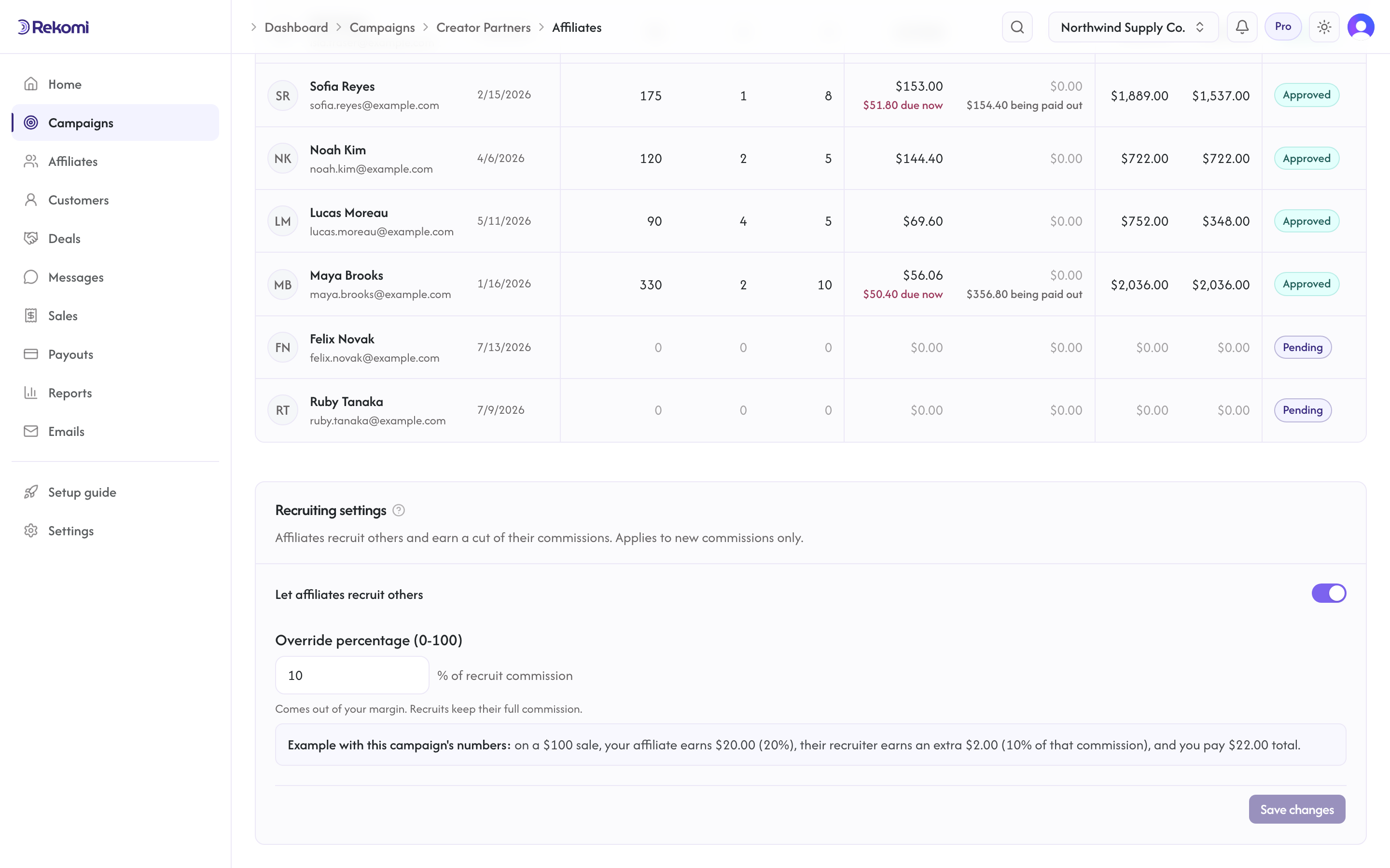 The Recruiting section on the Affiliates tab, with the recruiting toggle and override percent
