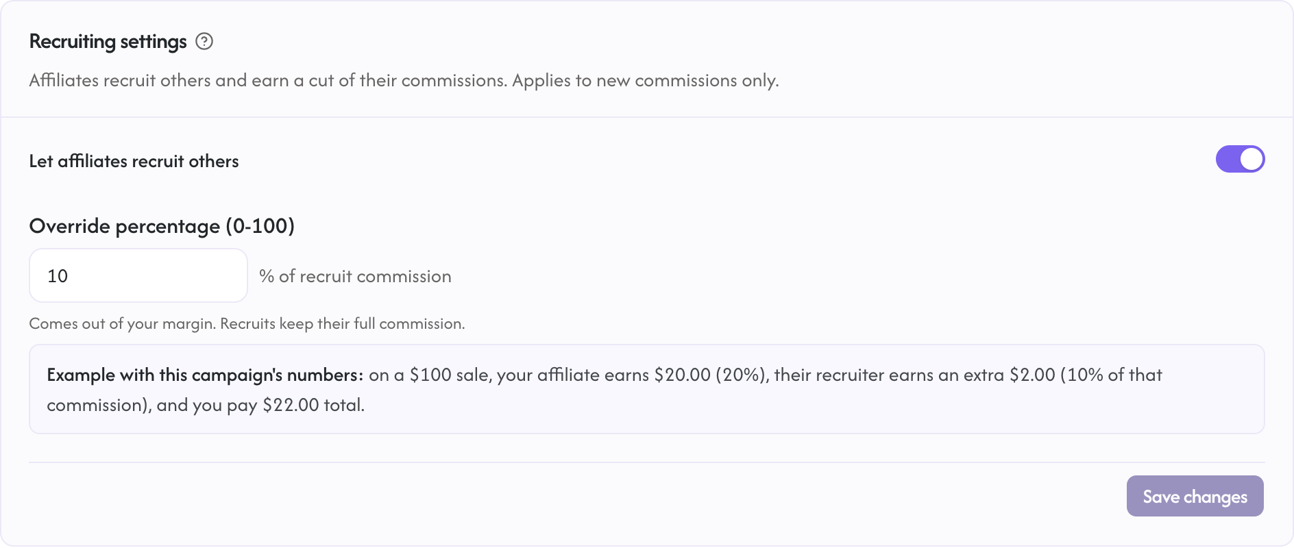 The Recruiting section on the Affiliates tab, with the recruiting toggle and override percent