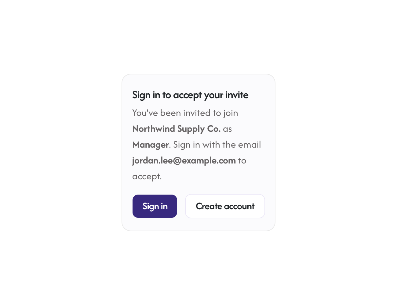The invite accept page showing the organization, role, and invited email, with Sign in and Create account buttons
