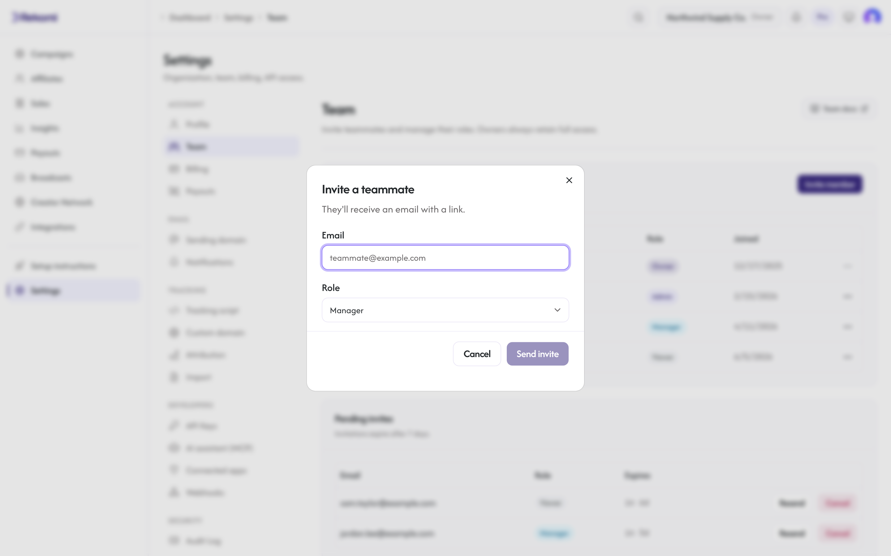 The invite dialog with an email field and a role picker