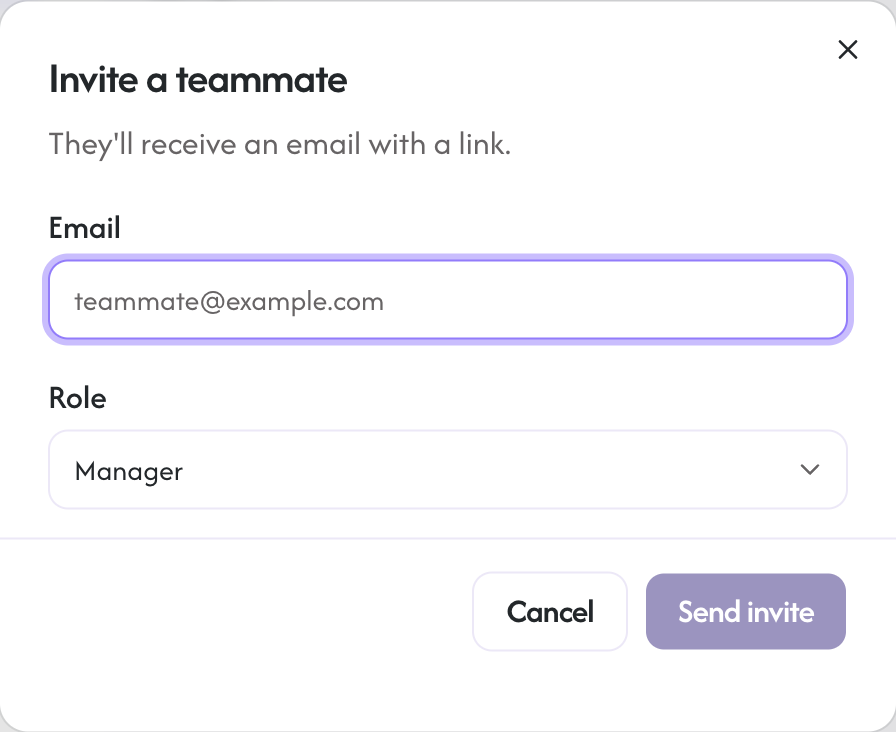 The invite dialog with an email field and a role picker