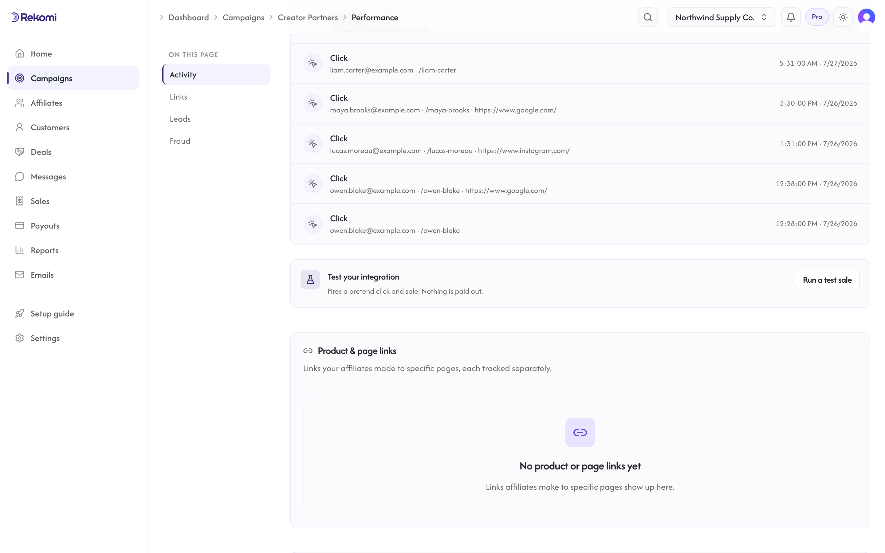 The Test your integration card with the Run a test sale button