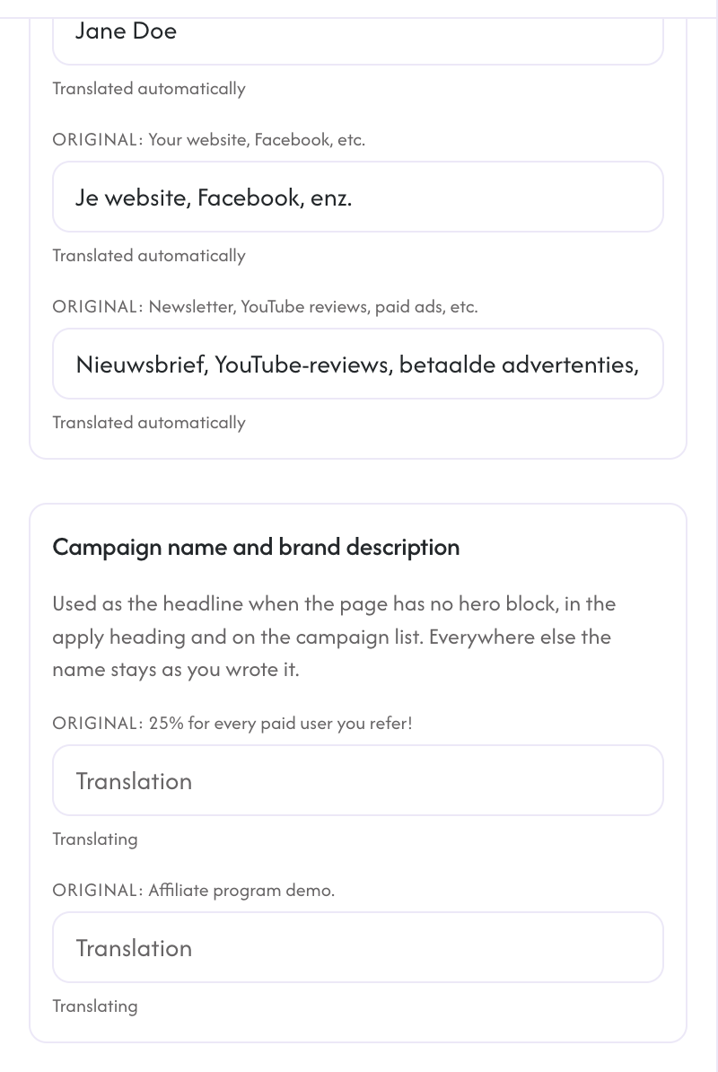 The Translations tab's group for the campaign name and the brand description, with the lines still translating right after a save