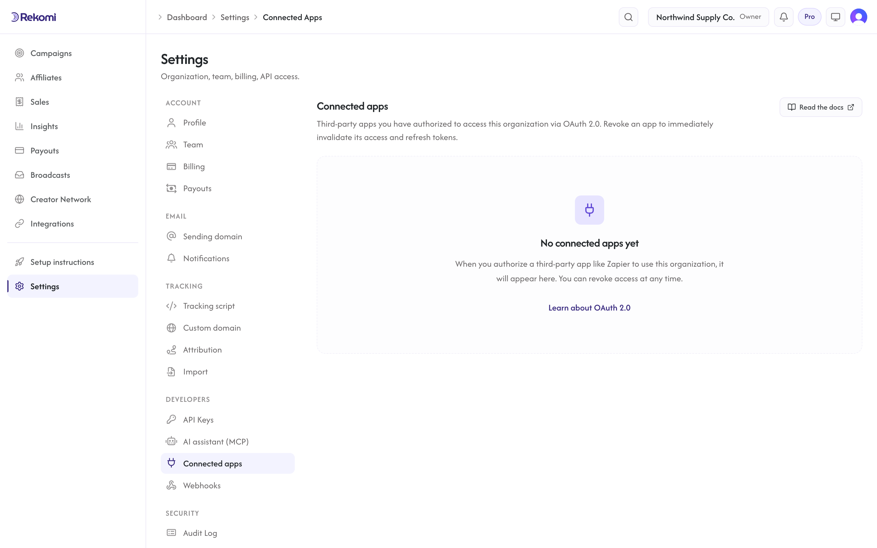 The Connected Apps settings page in its empty state, shown before any OAuth integration has been authorized