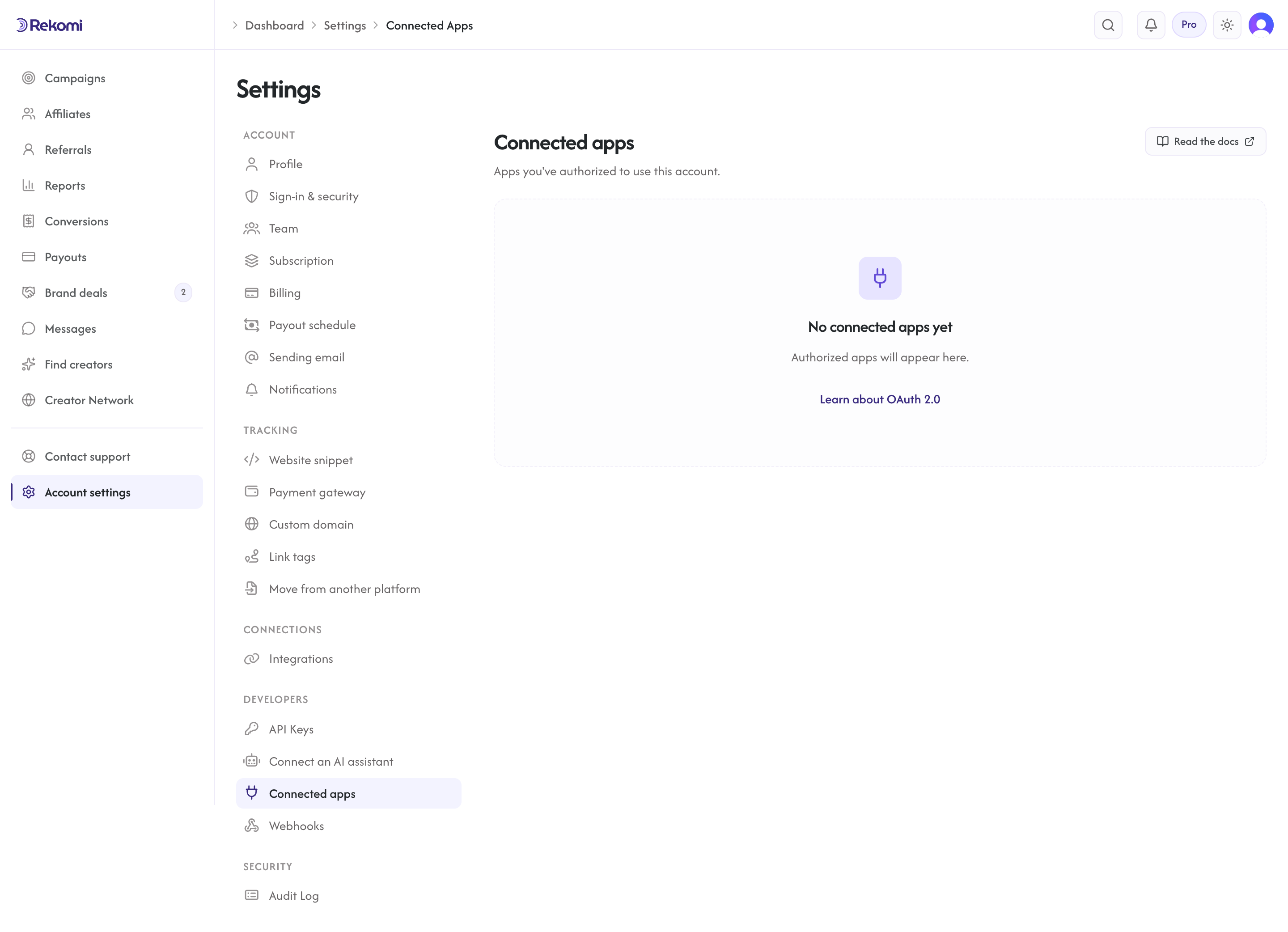 The Connected Apps settings page in its empty state, shown before any OAuth integration has been authorized