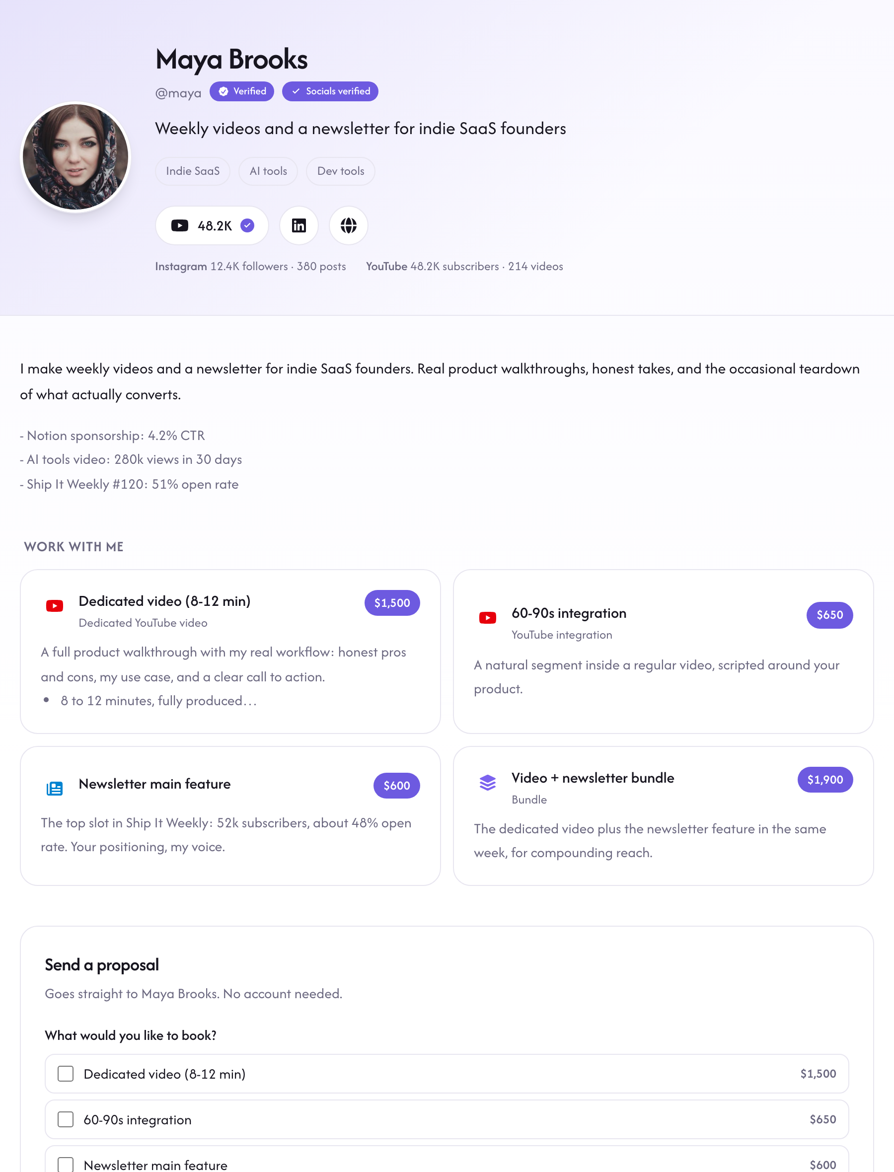 A live Rekomi creator page: verified socials, rate card with prices, and a work-with-me proposal form